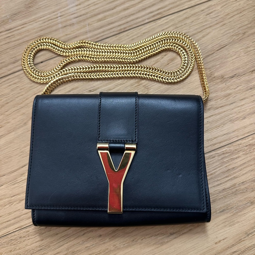 Chic Saint Laurent Black Crossbody Bag with Gold Accents
